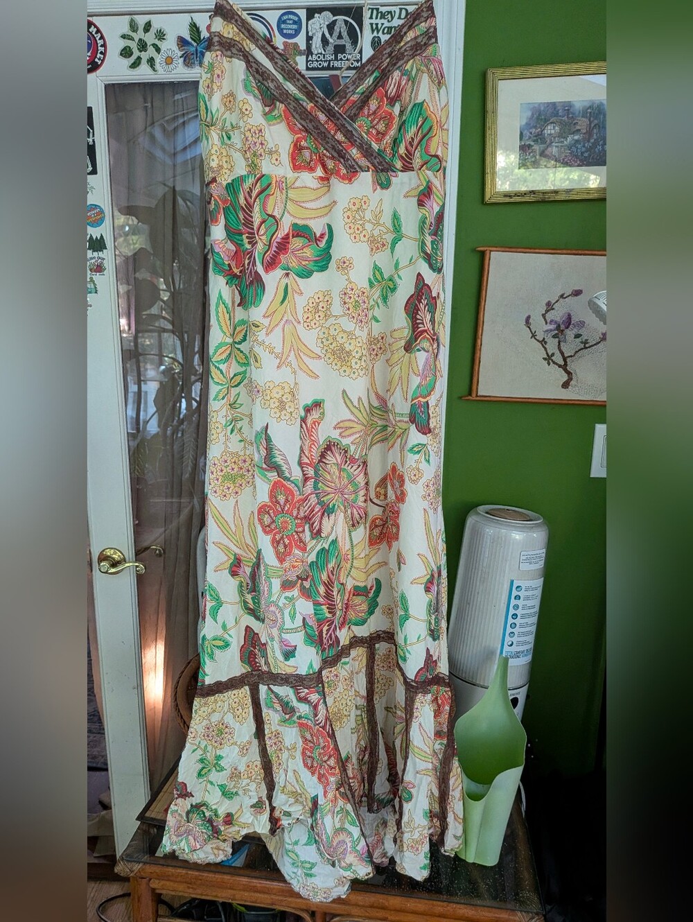 Floral Boho Maxi Dress in Cream, Green & Coral